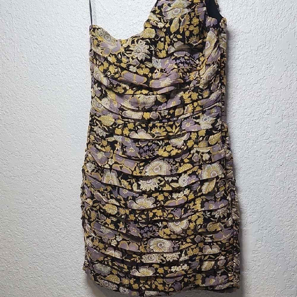 Zara One-Shoulder Dress with Black, Gold, and Purple Floral Design